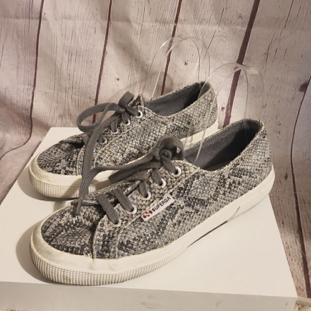 SUPERGA 2750 Gray Snakeskin "Wet Look" Canvas Low Top Lace Up Sneakers MSRP $95